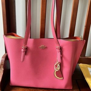 NWOT Large watermelon pink Coach mollie tote with Coach keychain